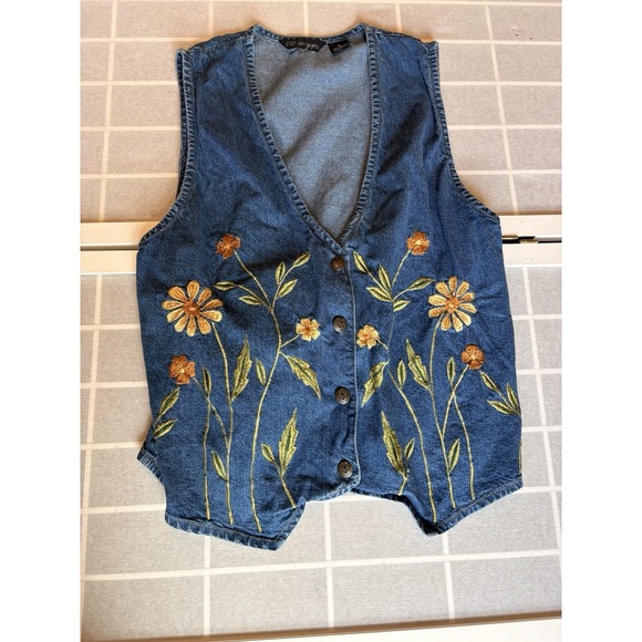 D D Designs Jackets & Blazers - Vintage Denim Vest Womens Sz M Floral Embroidered V Neck Retro Cottage Boho 90s